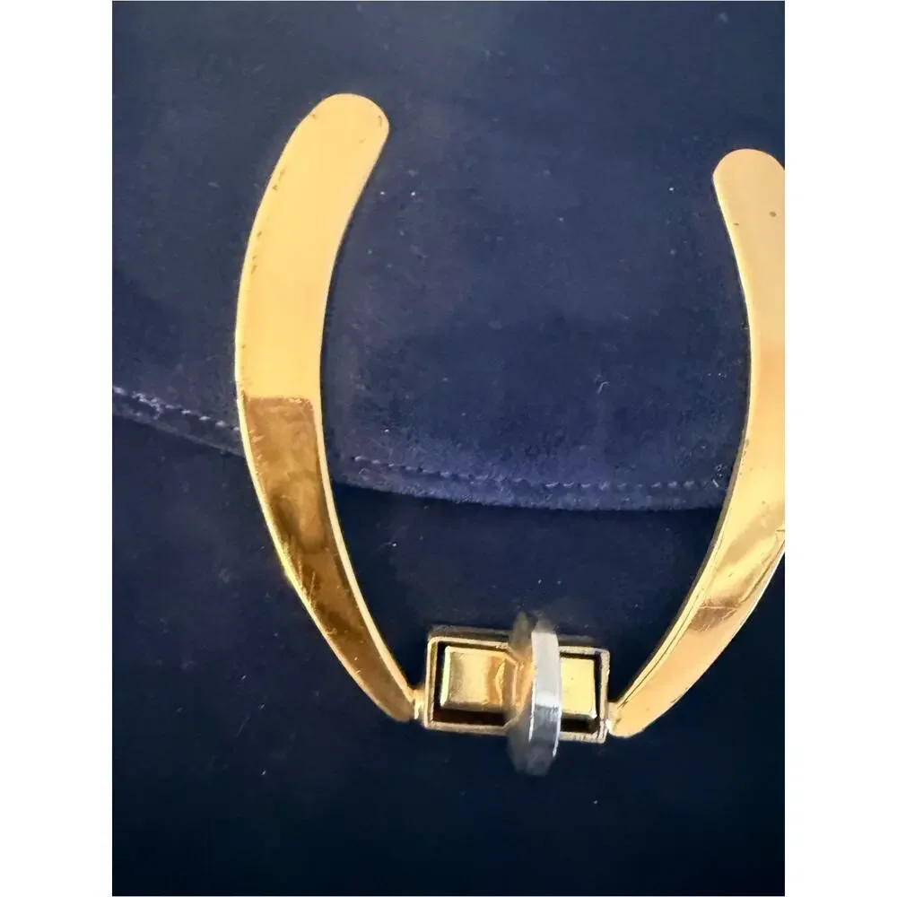Vintage Saks Fifth Ave Classic Dark Blue Suede Top-Handle Bag with Gold Hardware